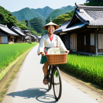 **A rural tourism mapmaker riding a bicycle through a serene Japanese countryside, surrounded by rice fields and traditional houses. The mapmaker is smiling, holding a hand-drawn map, with vibrant illustrations and local details. The scene evokes a sense of discovery and connection to the land.**