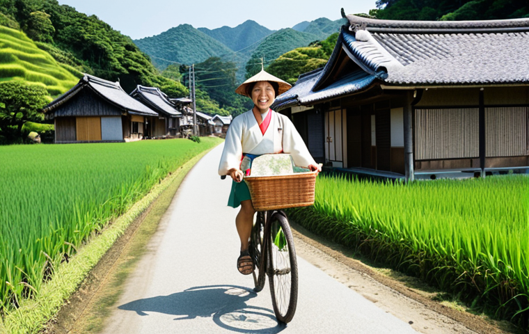 **A rural tourism mapmaker riding a bicycle through a serene Japanese countryside, surrounded by rice fields and traditional houses. The mapmaker is smiling, holding a hand-drawn map, with vibrant illustrations and local details. The scene evokes a sense of discovery and connection to the land.**