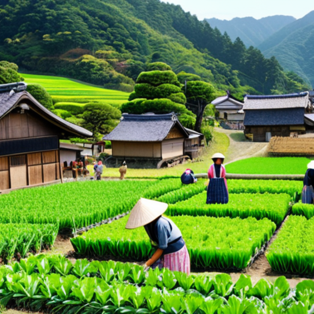 **

A vibrant scene of a rural village in Japan. Focus on an agricultural experience: tourists harvesting seasonal vegetables with local farmers. Emphasize the joy and connection to nature. Include traditional Japanese farmhouses and lush green fields in the background.

**