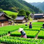 **

A vibrant scene of a rural village in Japan. Focus on an agricultural experience: tourists harvesting seasonal vegetables with local farmers. Emphasize the joy and connection to nature. Include traditional Japanese farmhouses and lush green fields in the background.

**