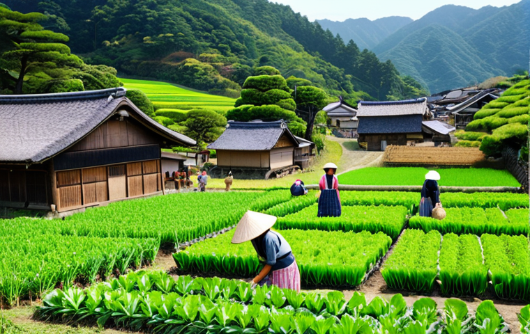 **

A vibrant scene of a rural village in Japan. Focus on an agricultural experience: tourists harvesting seasonal vegetables with local farmers. Emphasize the joy and connection to nature. Include traditional Japanese farmhouses and lush green fields in the background.

**
