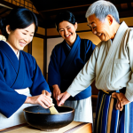 A professional rural tourism advisor, fully clothed in modest, practical outdoor attire, is actively guiding a small, diverse group of visitors in a traditional Japanese miso-making workshop. The scene takes place inside a rustic, well-maintained traditional farmhouse, with soft natural light. An elderly local resident, also fully clothed in appropriate attire, is gently demonstrating the process. The visitors, including a family, are engaged and smiling, experiencing heartfelt cultural exchange and community collaboration. This professional, family-friendly, appropriate content image features perfect anatomy, correct proportions, natural pose, well-formed hands, proper finger count, and natural body proportions, captured with professional photography for high image quality, safe for work.