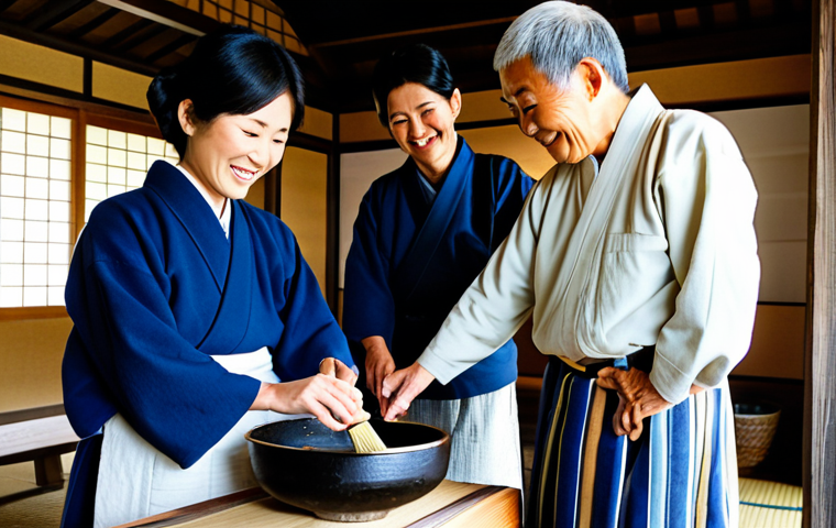 A professional rural tourism advisor, fully clothed in modest, practical outdoor attire, is actively guiding a small, diverse group of visitors in a traditional Japanese miso-making workshop. The scene takes place inside a rustic, well-maintained traditional farmhouse, with soft natural light. An elderly local resident, also fully clothed in appropriate attire, is gently demonstrating the process. The visitors, including a family, are engaged and smiling, experiencing heartfelt cultural exchange and community collaboration. This professional, family-friendly, appropriate content image features perfect anatomy, correct proportions, natural pose, well-formed hands, proper finger count, and natural body proportions, captured with professional photography for high image quality, safe for work.
