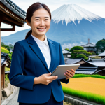 **

A professional woman in a modest, stylish blazer and slacks, standing confidently in a picturesque rural Japanese village. Background includes traditional houses, rice paddies, and mountains. She's smiling warmly, holding a tablet displaying data. Image should convey a sense of competence and connection to the local community. Fully clothed, appropriate attire, safe for work, perfect anatomy, natural proportions, professional tourism, modest, family-friendly.

**