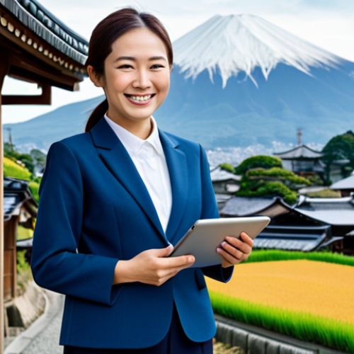 **

A professional woman in a modest, stylish blazer and slacks, standing confidently in a picturesque rural Japanese village. Background includes traditional houses, rice paddies, and mountains. She's smiling warmly, holding a tablet displaying data. Image should convey a sense of competence and connection to the local community. Fully clothed, appropriate attire, safe for work, perfect anatomy, natural proportions, professional tourism, modest, family-friendly.

**