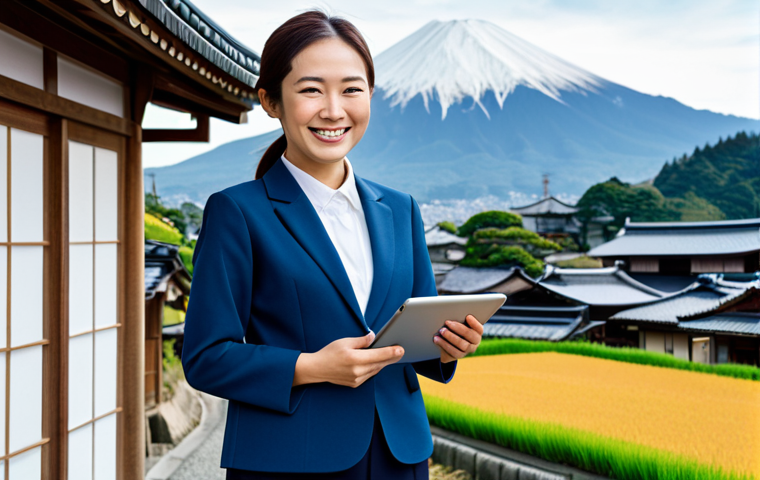 **

A professional woman in a modest, stylish blazer and slacks, standing confidently in a picturesque rural Japanese village. Background includes traditional houses, rice paddies, and mountains. She's smiling warmly, holding a tablet displaying data. Image should convey a sense of competence and connection to the local community. Fully clothed, appropriate attire, safe for work, perfect anatomy, natural proportions, professional tourism, modest, family-friendly.

**