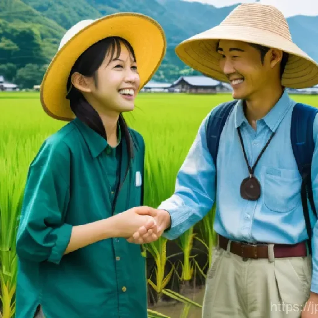 농촌관광지도사 이직 사례 분석 - **Rural Green Tourism Experience in a Japanese Rice Paddy:**
A vibrant, sunny afternoon scene in...