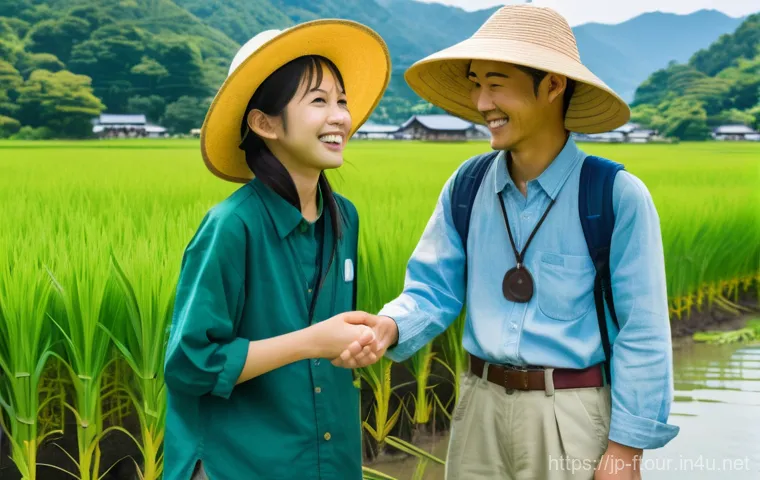농촌관광지도사 이직 사례 분석 - **Rural Green Tourism Experience in a Japanese Rice Paddy:**
    A vibrant, sunny afternoon scene in...