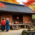 농촌관광지도사와 정부지원 사업 - A serene rural village scene in Japan during early autumn, featuring traditional wooden houses with ...