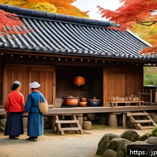 농촌관광지도사와 정부지원 사업 - A serene rural village scene in Japan during early autumn, featuring traditional wooden houses with ...