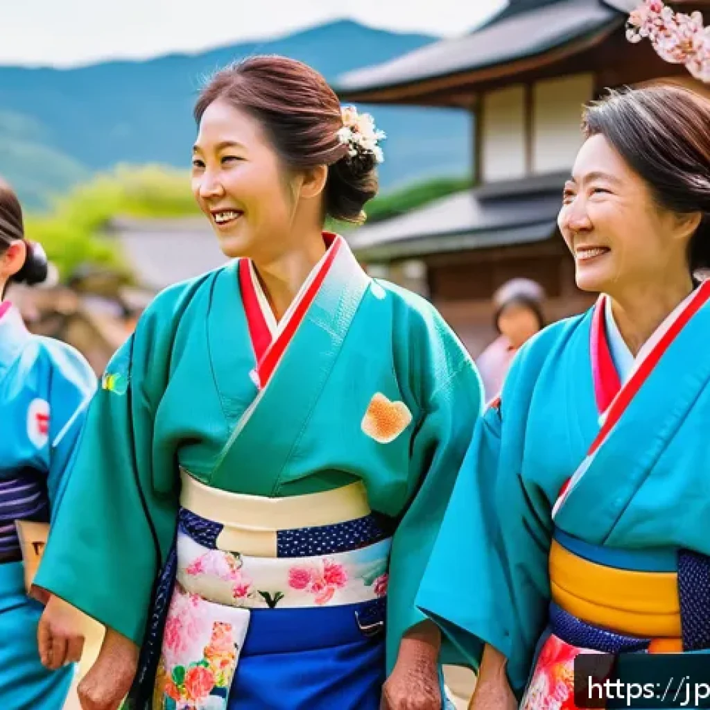 농촌관광지도사 강의 후기 - A warm, vibrant scene of a rural community festival in Japan during spring, featuring multi-generati...
