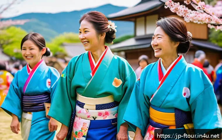 농촌관광지도사 강의 후기 - A warm, vibrant scene of a rural community festival in Japan during spring, featuring multi-generati...