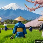 농촌관광지도사 전문 서적 추천 - A vibrant rural tourism scene in Japan during spring, featuring a diverse group of visitors wearing ...
