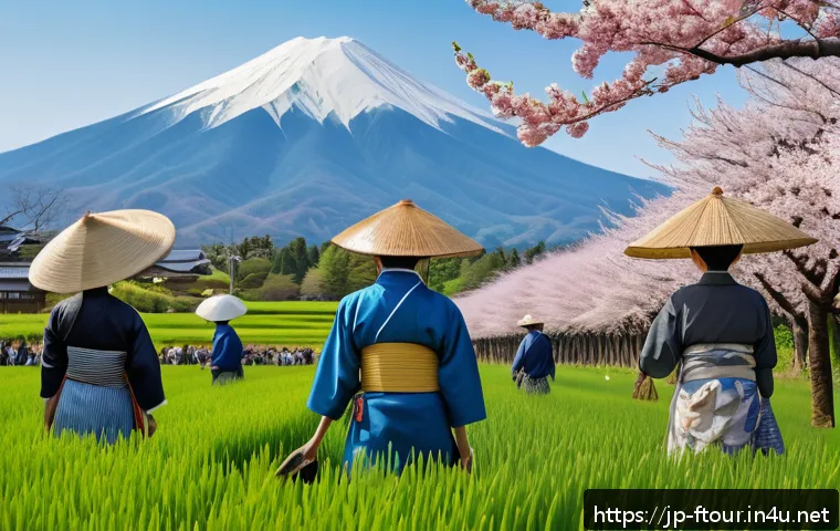 농촌관광지도사 전문 서적 추천 - A vibrant rural tourism scene in Japan during spring, featuring a diverse group of visitors wearing ...
