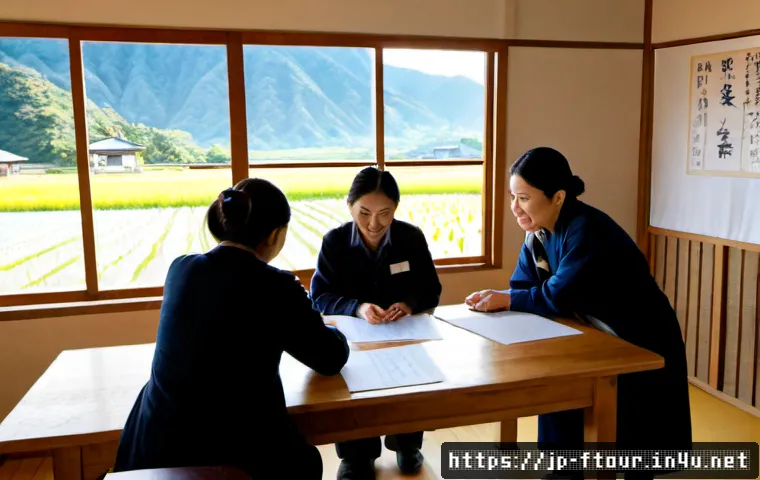 농촌관광지도사 업무 협업 사례 - Photorealistic rural tourism planning meeting in a bright Japanese countryside community center, a l...