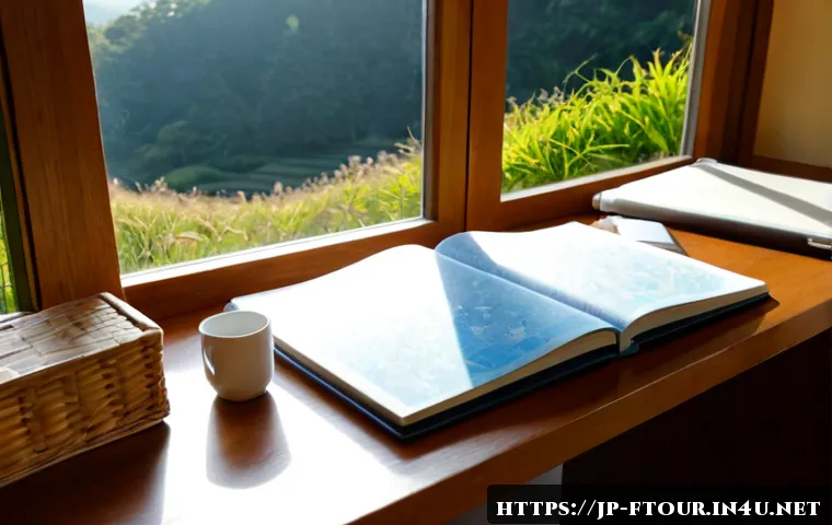 농촌관광지도사 중점 과목 - Photorealistic rural tourism guide study scene in Japan, a neatly organized wooden desk with an open...