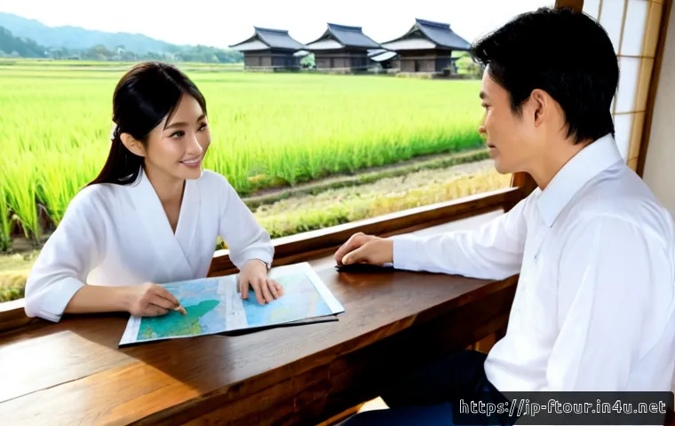 농촌관광지도사와 농촌 마을 디자인 - Photorealistic rural tourism planner in casual professional attire meeting with two local village re...